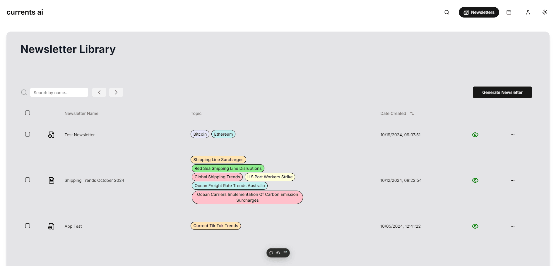 Currents ai newsletter generation dashboard.